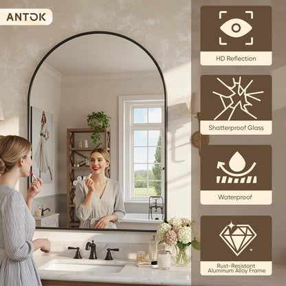 Antok Arched Bathroom Mirror, 20"x30" Wall Mounted Mirror, Vanity Mirrors for Over Sink, Aluminum Alloy Frame Bathroom Mirrors Living Room, Bedroom and Entryway, Black
