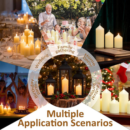 12-Pack Ivory Unscented Pillar Candle Set - 2x3, 2x6, 2x8-inch Long-Burning Drip-Free Tapers, 4 Per Size. Ideal for Home Decor, Weddings, Emergencies, and Holidays.