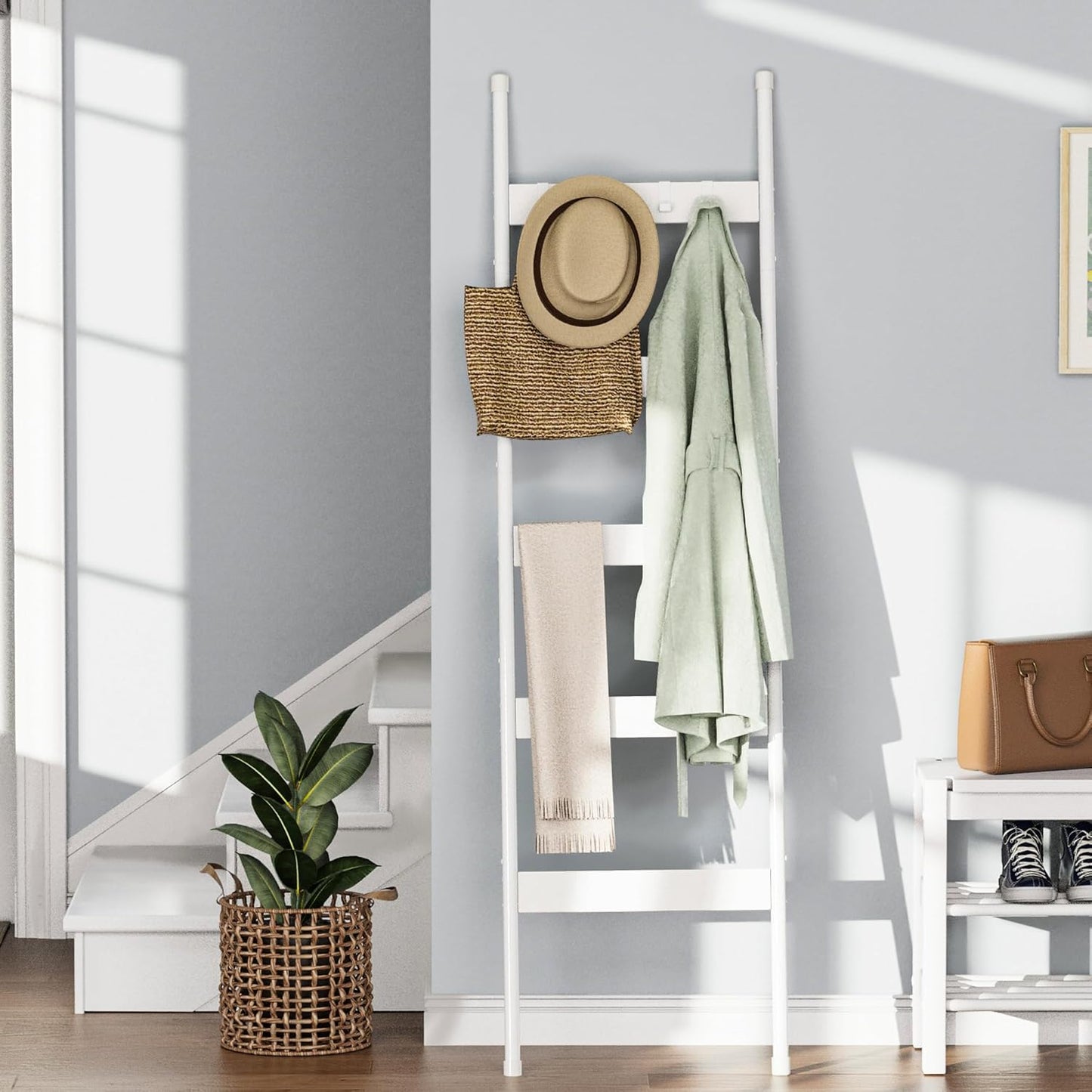 Blanket Ladder, 5-Tier Towel Holder with 4 Removable Hooks, Farmhouse Wall Leaning Decorative Rack Shelf, Wooden Towel Display Rack, Quilt Ladder for Living Room, Bedroom, Rustic Brown