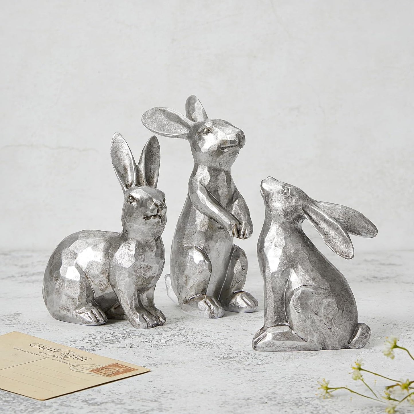 DN DECONATION Golden Polyresin Bunny Decor Rabbit Figurines, Easter Bunny Statue Set of 3 for Spring Tabletop Decor