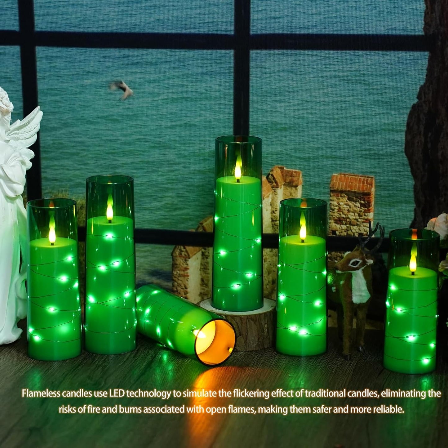 Nimiko Flickering Flameless LED Candles, 9 Pcs with Embedded Star String, Acrylic LED Pillar Candles with Remote, Suitable for Home Decoration (White)