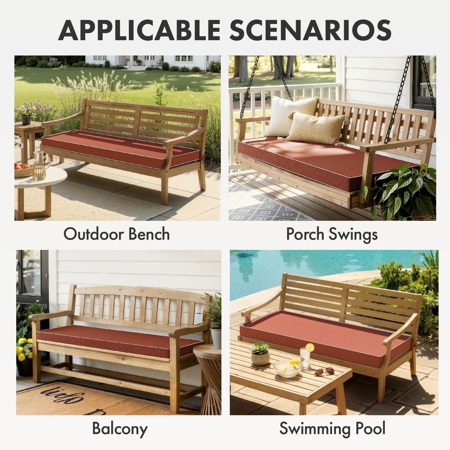 MIULEE Black Outdoor Bench Cushion 48x18x3 Inch Waterproof 3-Year Color Fastness Patio Furniture Cushions for Porch Swing, Garden Bench Sofa Couch with Adjustable Ties No Slip Design