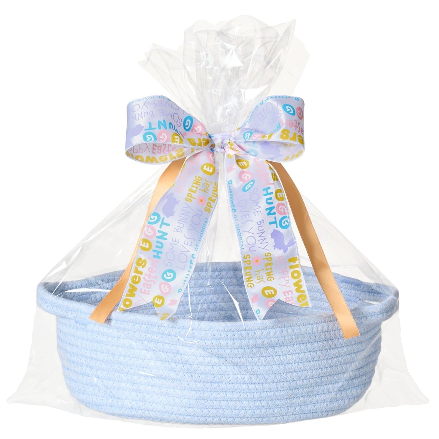 Small Woven Gift Basket Empty with Bag & Ribbon - Gifts for Mom, Baby Shower, Birthdays & Raffle - Cotton Rope Storage Basket for Dog Toys or Shelf - 12"x8"x5", White
