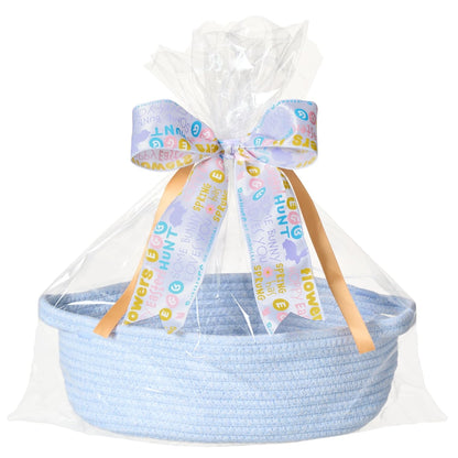Small Woven Gift Basket Empty with Bag & Ribbon - Gifts for Mom, Baby Shower, Birthdays & Raffle - Cotton Rope Storage Basket for Dog Toys or Shelf - 12"x8"x5", White