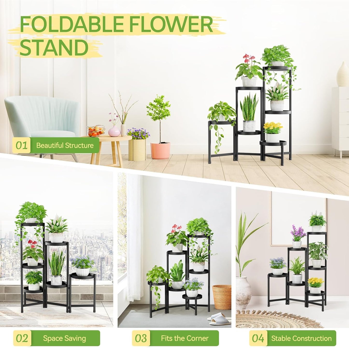 iDavosic.ly Plant Stand Indoor Outdoor, 5 Tier Corner Metal Flower Display Holder Shelf, Folding Tall Orchid Rack for Patio Balcony Porch Garden Living Room House, Black