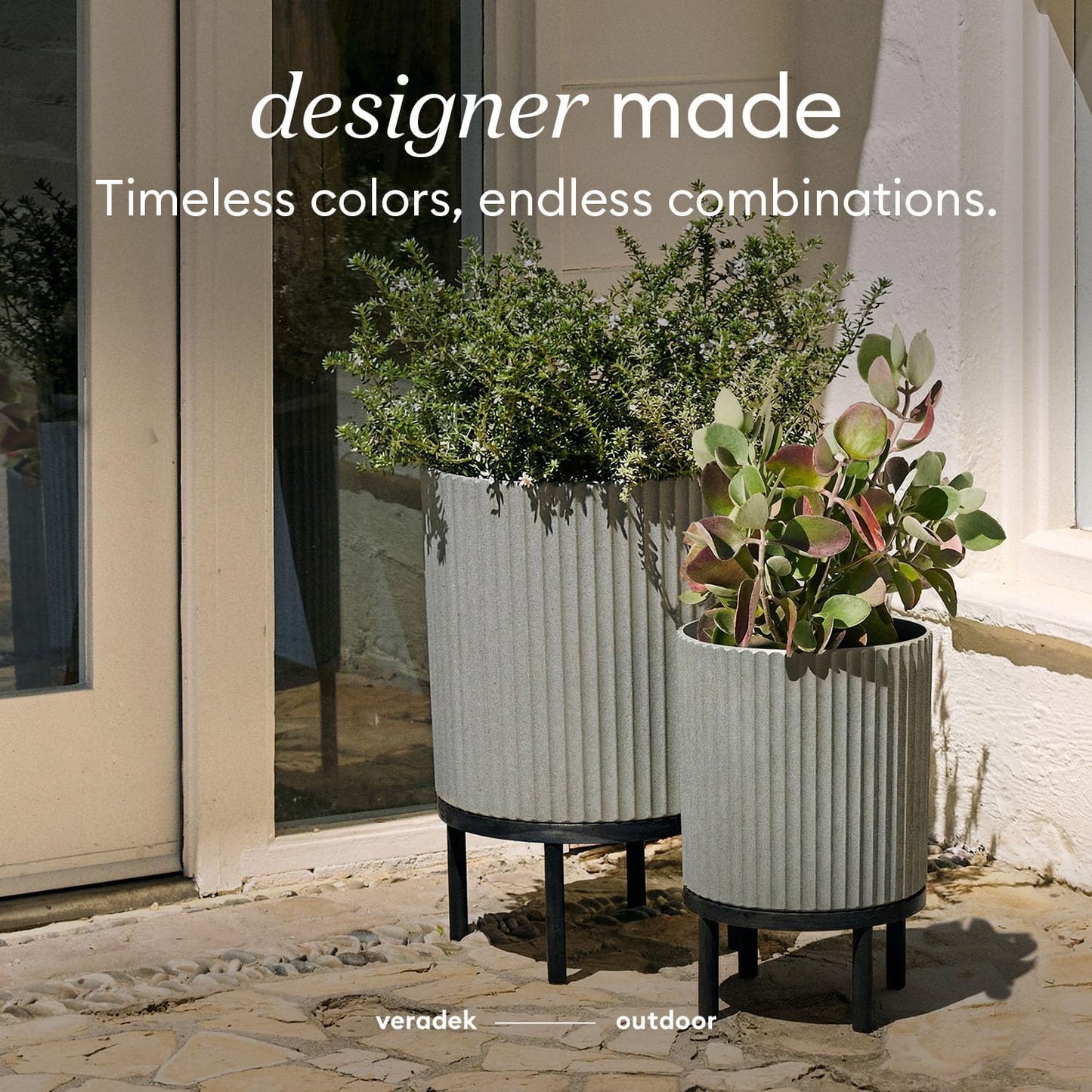 Veradek Demi Series Round Planter w/ Stand for Porch/Patio | Durable Plastic-Concrete & Wooden Stand | Modern Décor for Tall Plants, Flowers