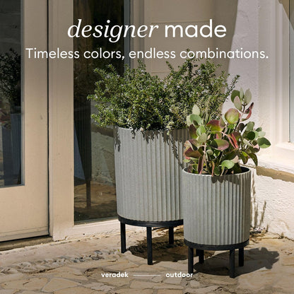 Veradek Demi Series Round Planter w/ Stand for Porch/Patio | Durable Plastic-Concrete & Wooden Stand | Modern Décor for Tall Plants, Flowers