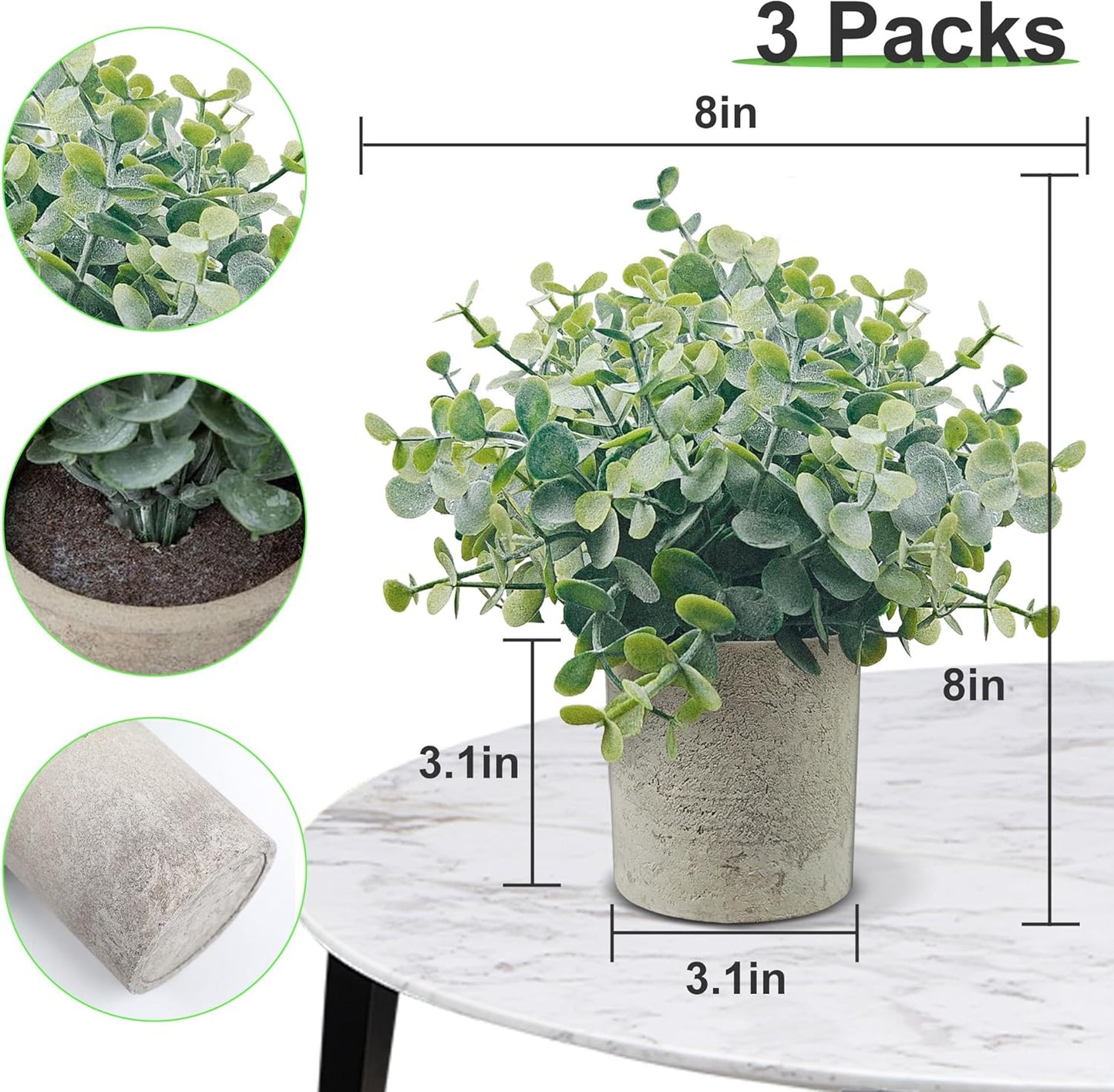 USLAI 3 Pack Fake Plants, 8-Inch Small Potted Eucalyptus Artificial Plants for Home Office Room Shelf Desk Decor