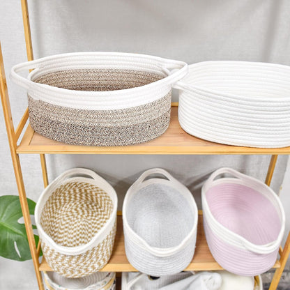 ABenkle Small Basket with Handles, Boho Decorative Rope Woven Dog Cat Toy Storage Bin Shelf Storage Organizer, Easter Christmas Gift Basket, 12"x8"x5", White