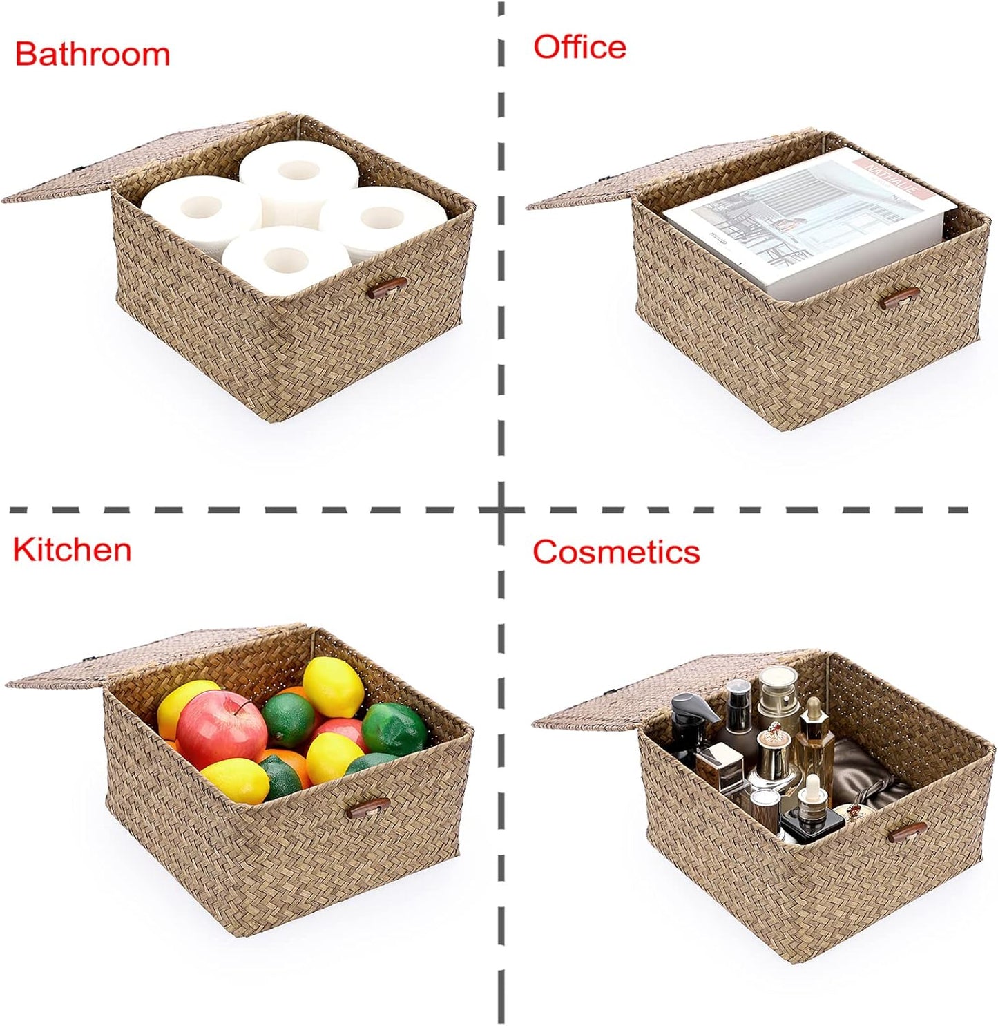 Hipiwe Seagrass Basket with Lid Wicker Storage Basket Square Handwoven Decorative Baskets Box for Shelf Multipurpose Household Baskets Home Decor,X-small