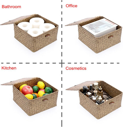 Hipiwe Seagrass Basket with Lid Wicker Storage Basket Square Handwoven Decorative Baskets Box for Shelf Multipurpose Household Baskets Home Decor,X-small