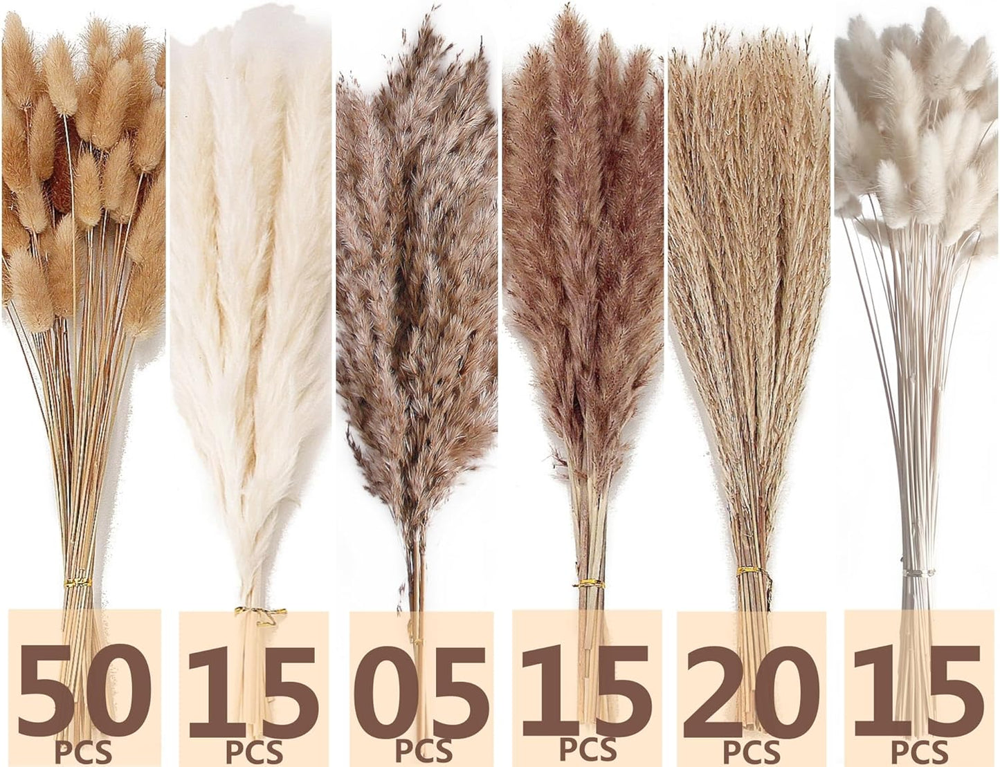 65PCS Pampas Grass Decor, Including pompas Floral, Reed Dried Grass and Bunny Tails Dried Flowers, Natural Dried Pampas Grass Bouquet for Boho Decor Wedding, Home Decoration