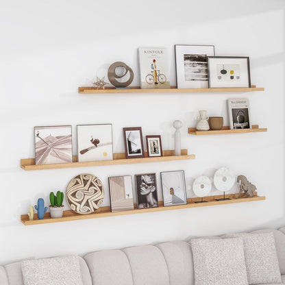 FLYJOE Picture Ledge Shelf, Floating Shelves Set of 2, Solid Pine Wood 55'' Long Large Nursery Book Shelves for Toys Storage, Kids Bookshelf for Living Room Bedroom Decor Books Photo Frames, Walnut