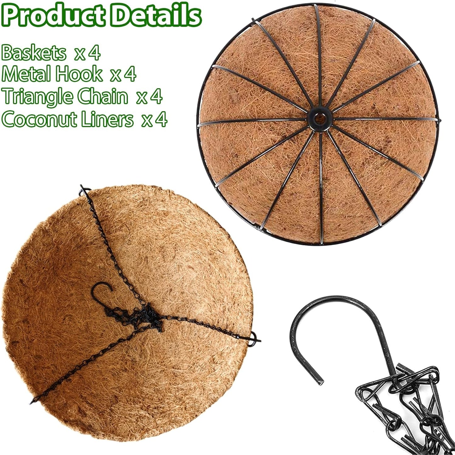 LCHUANG Hanging Baskets Planter for Plants - 2 Pack 12 Inch Metal Baskets with Coco Coir Liner, Hanging Flower Pots for Outside with Chain, Indoor Outdoor Garden Porch Decoration (12'' Pack of 2)