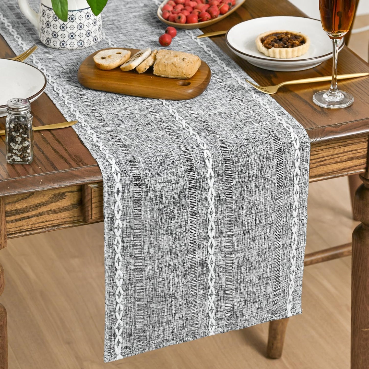 Artoid Mode Beige Rustic Cotton Linen Table Runner, Seasonal Embroidered Hollow Kitchen Dining Table Decoration for Home Party Decor 13x72 Inch