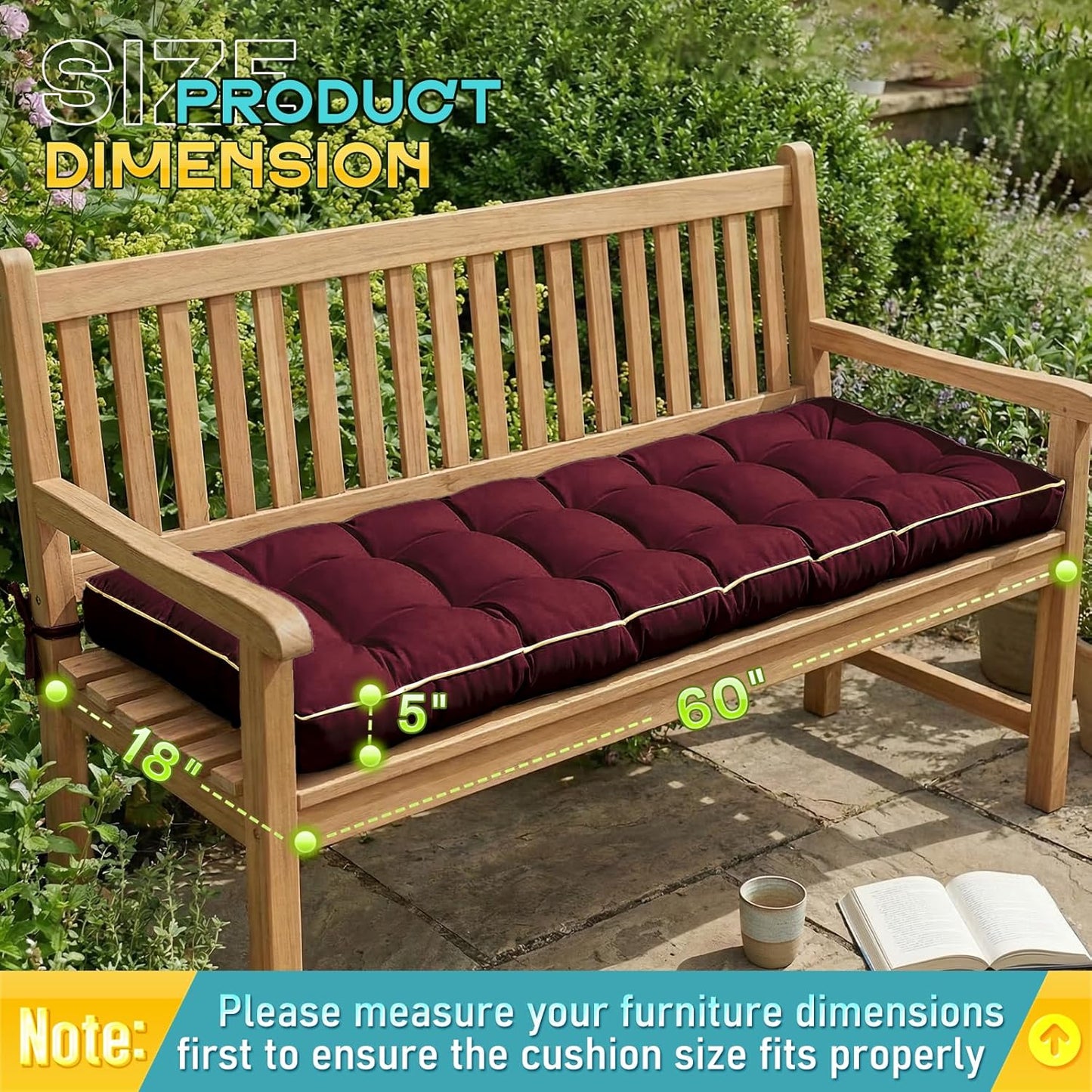 Outdoor Bench Cushion, Tufted Patio Seat Pad for Garden Bench, Porch Swing, Indoor/Outoor Furniture (Blue, 48X18X4 inch)