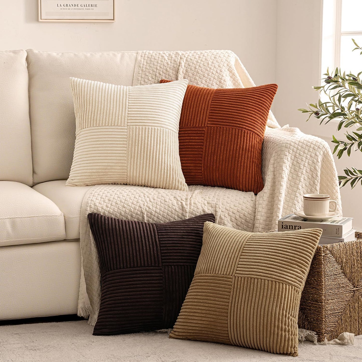 MIULEE Teal Orange Decorative Throw Pillow Covers 18x18 Inch Set of 4 Boho Corduroy Striped Cushion Cases Modern Farmhouse Patchwork Pillow Cases for Couch Sofa Bedroom Home Decor