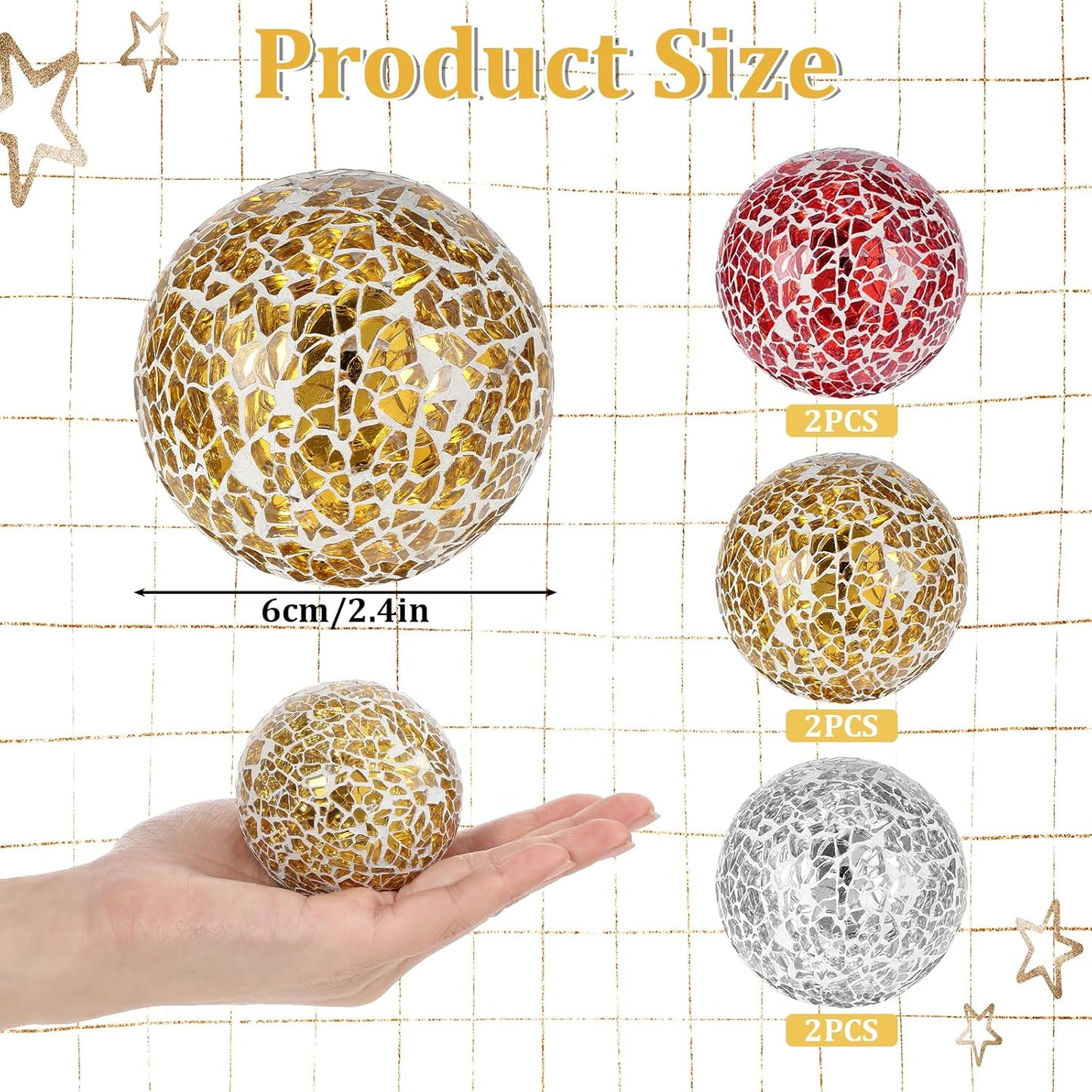 6 Pcs Decorative Balls for Bowls, 2.4 Inch Mosaic Sphere Balls Decorative, Mosaic Glass Orbs Centerpiece Balls Decoration for Vases Dining Table Home Living Room