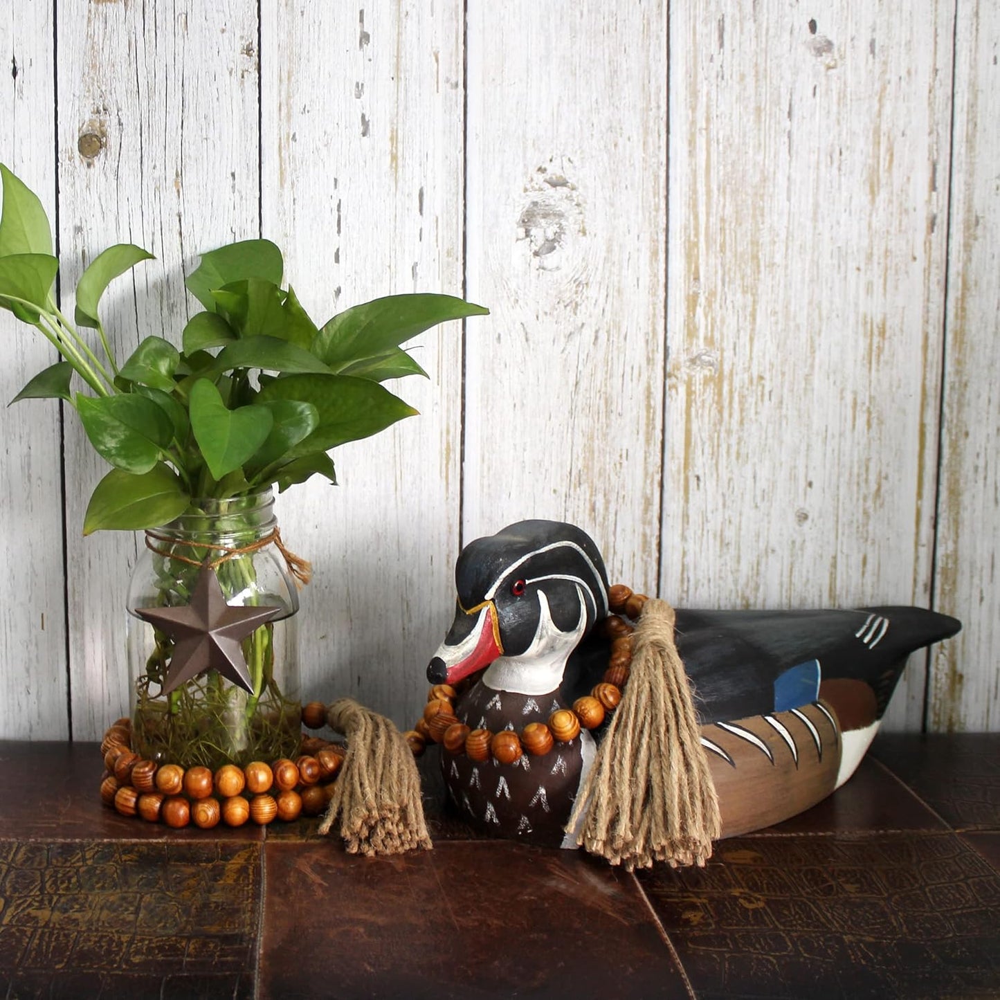 CVHOMEDECO. Wood Beads Garland with Tassels Farmhouse Rustic Wooden Prayer Bead String Wall Hanging Accent for Home Festival Decor. Mix Distressed