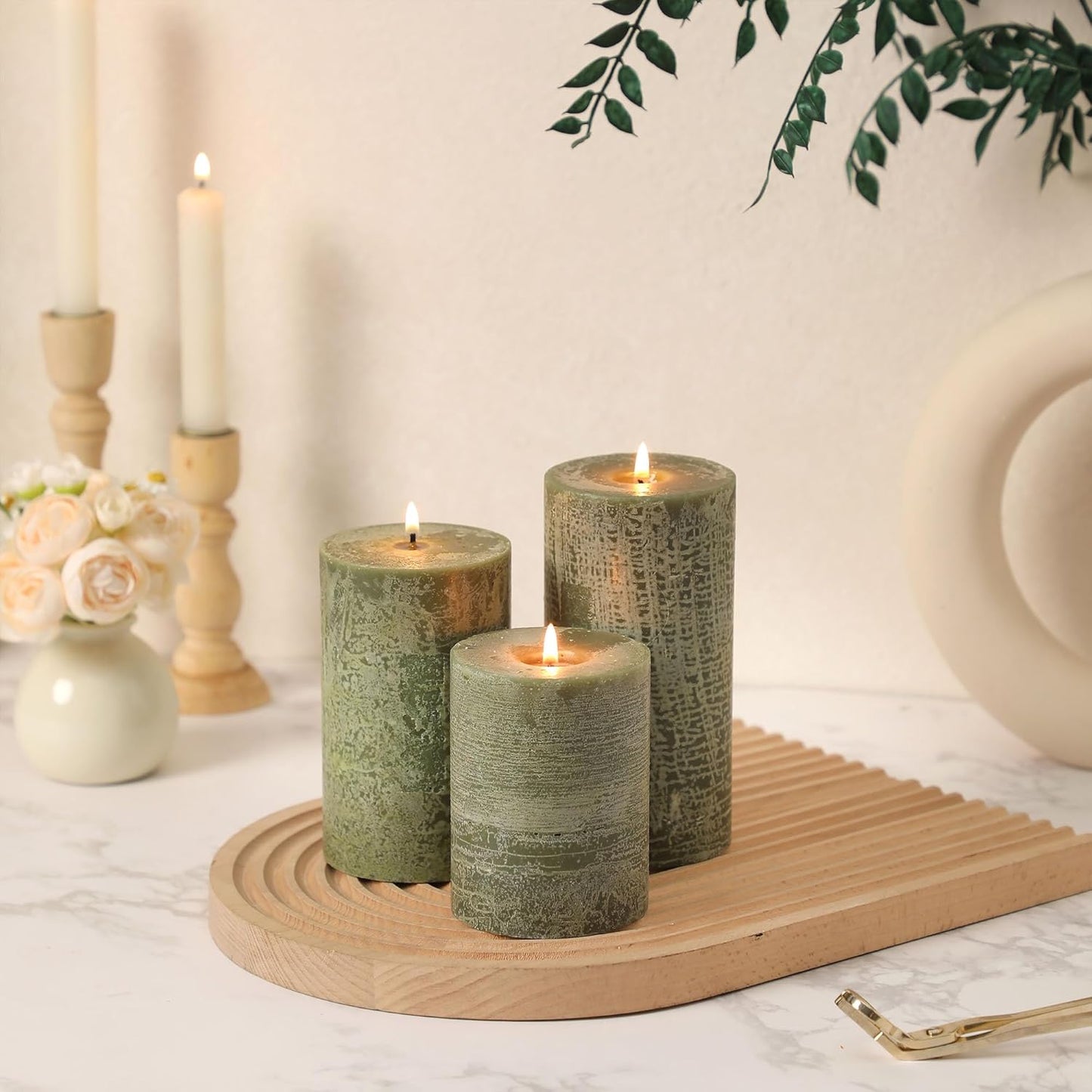Sage Green Pillar Candles Set of 3 - Hand-Poured Unscented Candles,Smokeless Dripless Candles for Dinner Table and Home, Set of 3 in Different Sizes (3"x4", 3"x5", 3"x6")