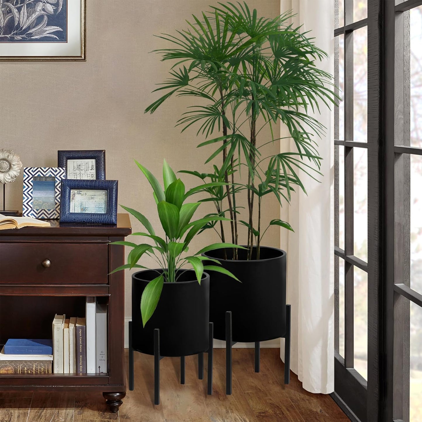 ARNIS Modern Plant Pots, Set of 2 Large Planters with Stand, Decorative Planters, Metal Pots with Drainage Holes for Living Room, Office, Garden or Balcony, 8.25 &10.5 Inch, Dirt