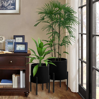 ARNIS Modern Plant Pots, Set of 2 Large Planters with Stand, Decorative Planters, Metal Pots with Drainage Holes for Living Room, Office, Garden or Balcony, 8.25 &10.5 Inch, Dirt