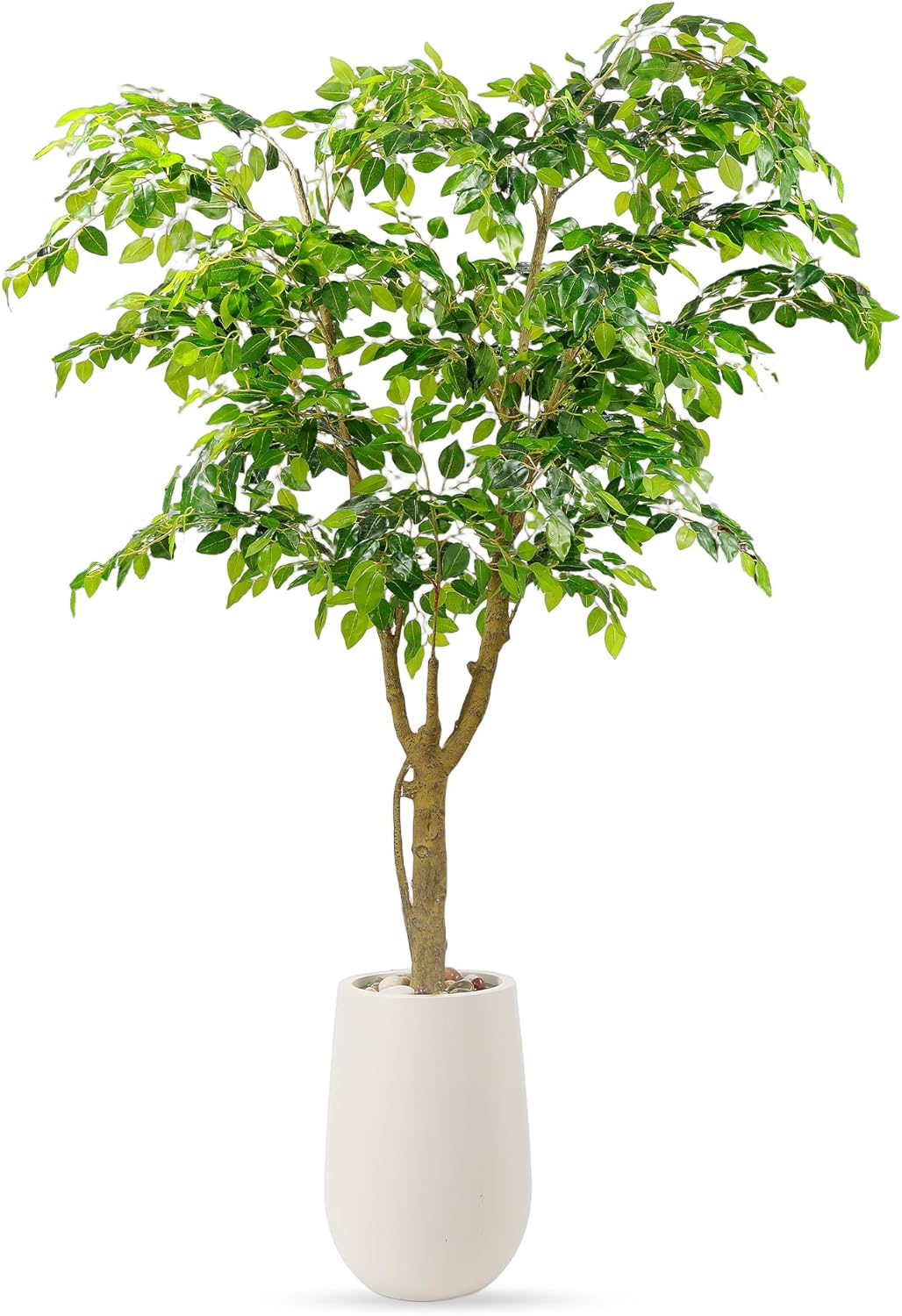 5FT Artificial Ficus Tree with White Planter and Pebbles,Faux Silk Tree with Lifelike Leaves and Realistic Trunk,Tall Fake Potted Plant for Home and Office Décor Indoor and Outdoor (5FT)