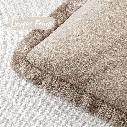 MIULEE Decorative Throw Pillow Covers Neutral Linen Fringe Throw Pillows Set of 2 Natural Beige Boho Farmhouse Cushion Covers with Tassels for Couch Sofa Bed Spring Home Decor 20x20 Inch