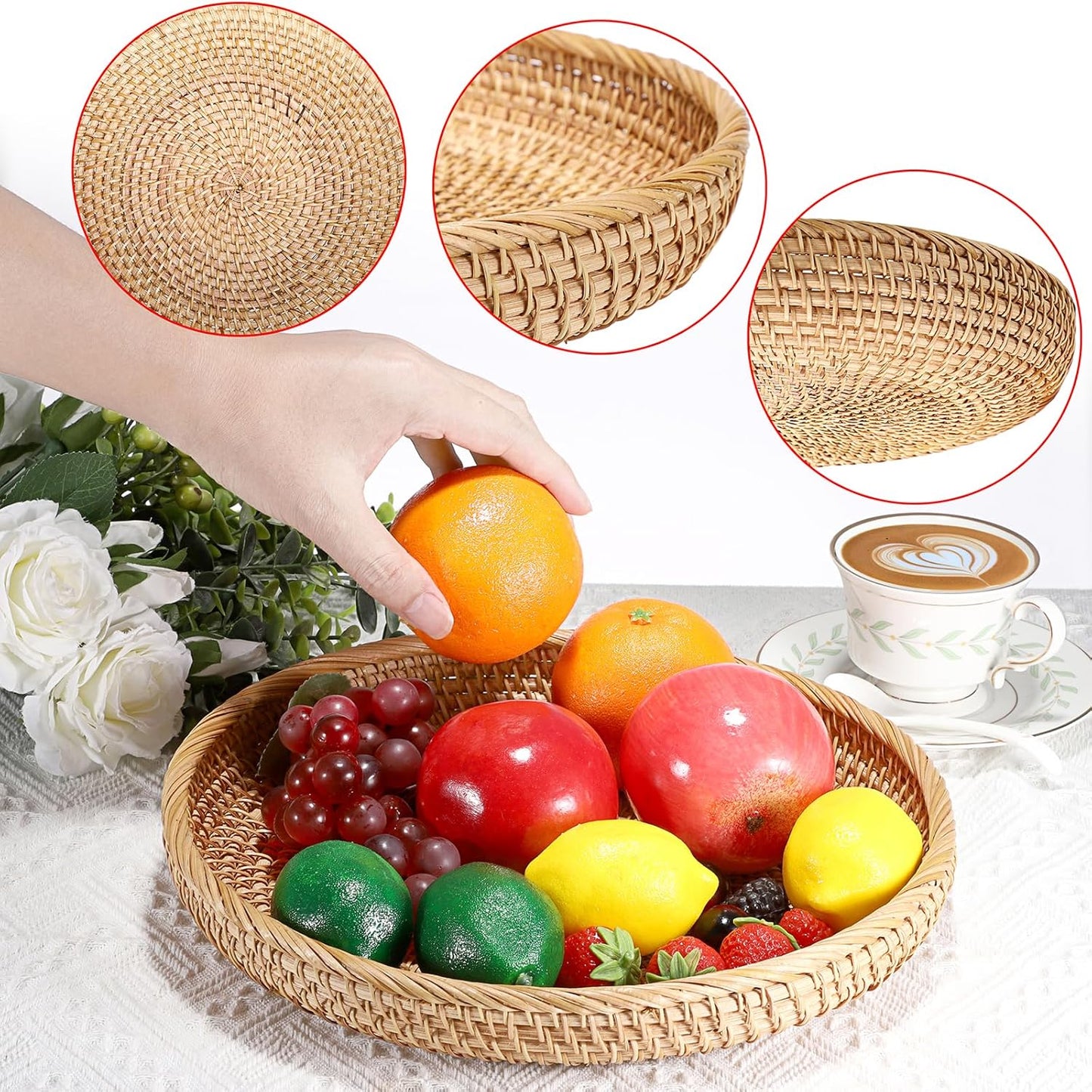 Hipiwe Small Key Basket Bowl for Entryway 7.6" Round Woven Wicker Basket Fruit Serving Tray Woven Basket Wall Decor Rattan Organizer Basket for Keys, Wallet,Whitewash