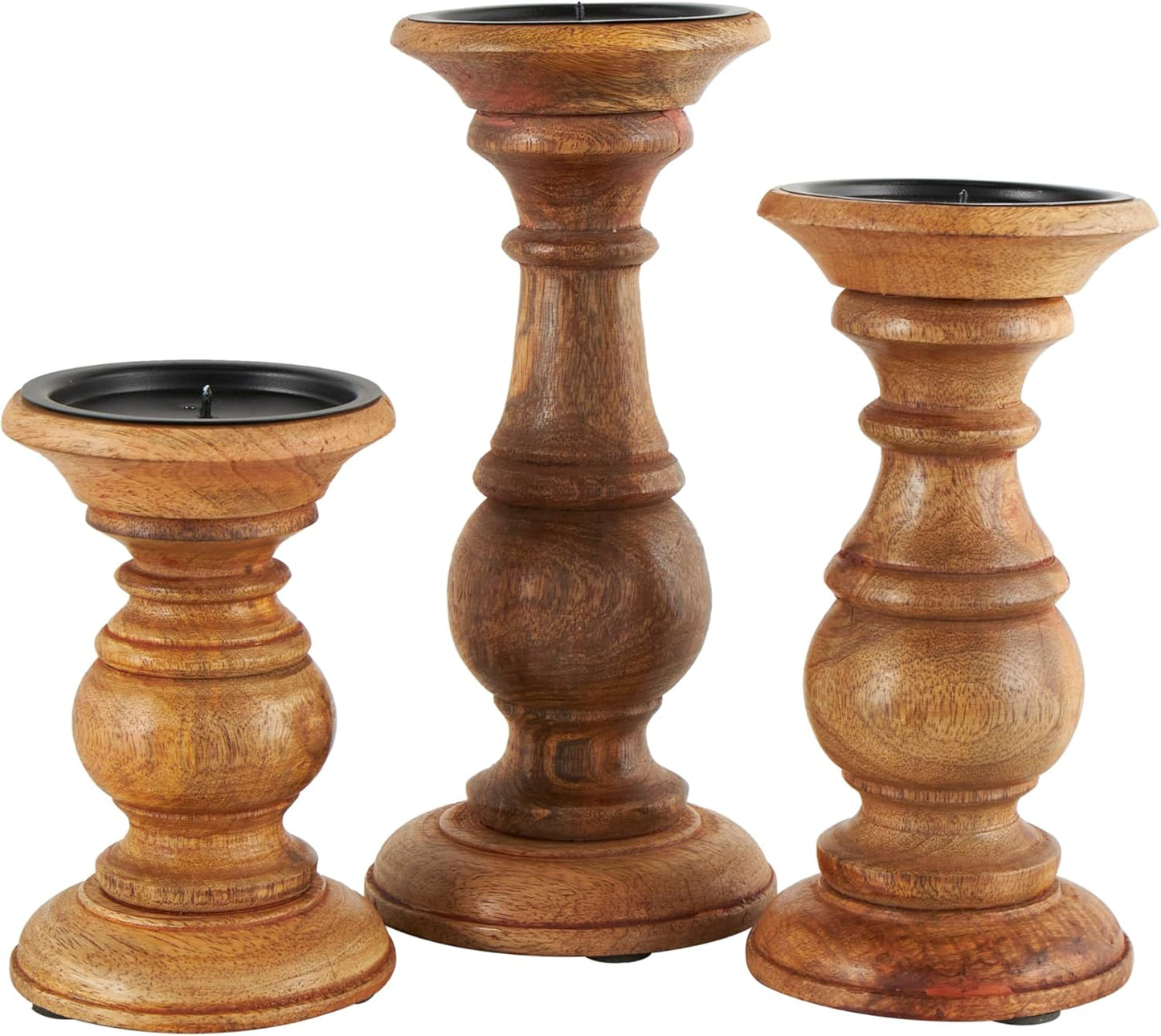 Deco 79 Mango Wood Decorative Candle Holder Distressed Turned Pillar Candle Stand, Set of 3 Candlestick Holder 6", 8", 10"H, Light Blue