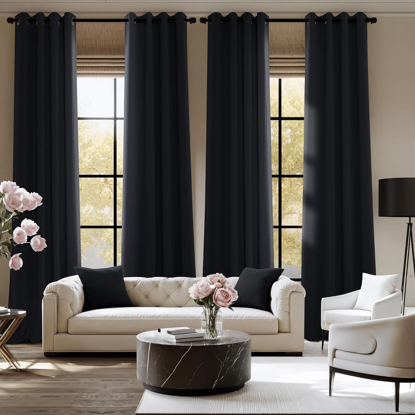 NICETOWN Halloween Pitch Black Solid Thermal Insulated Grommet Blackout Curtains/Drapes for Bedroom Window (2 Panels, 42 inches Wide by 63 inches Long, Black) - Colors E
