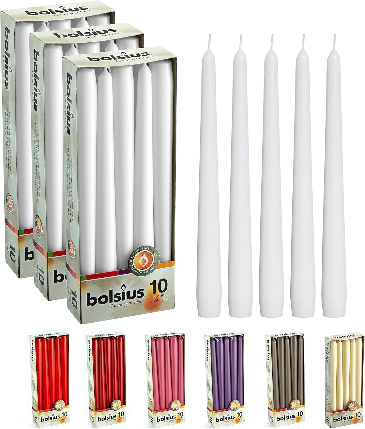BOLSIUS Ivory Taper Candles - 10 Pack Unscented 10 Inch Dinner Candle Set - 8 Hours Burn Time - Premium European Quality - Smokeless and Dripless Household, Wedding, Party, and Home Décor Candlesticks