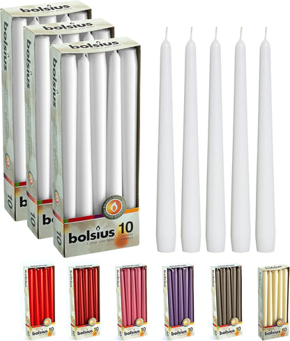 BOLSIUS Ivory Taper Candles - 10 Pack Unscented 10 Inch Dinner Candle Set - 8 Hours Burn Time - Premium European Quality - Smokeless and Dripless Household, Wedding, Party, and Home Décor Candlesticks