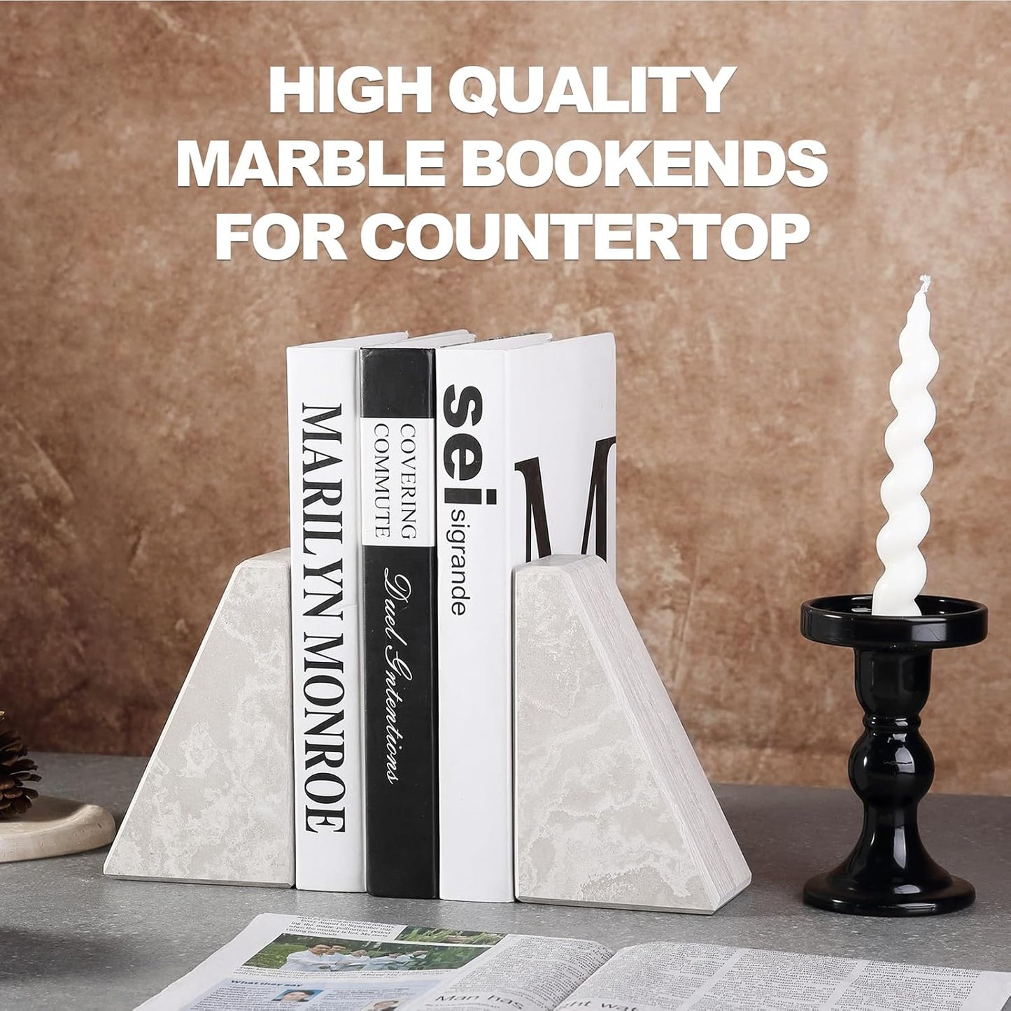 Karibiber Travertine Bookends for Heavy Books, Marble Decorative Bookends for Shelves, Heavy-Duty Stone Book Ends for Hardback Book & Cookbooks, Unique Book Stopper & Holder, Travertino Italy