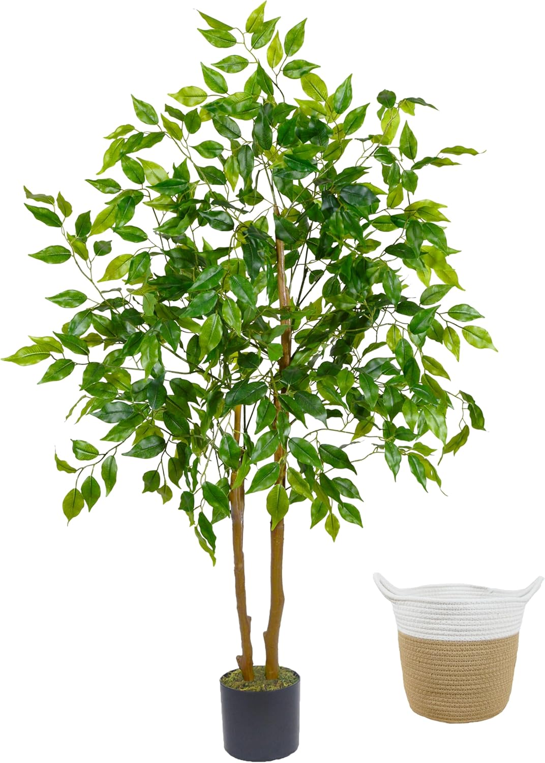 Warmplants Artificial Ficus Tree, 7ft Silk Fake Ficus Leaves Plant with Basket, Indoor Outdoor Faux Green Tree for Home Garden Office House Livingroom Décor