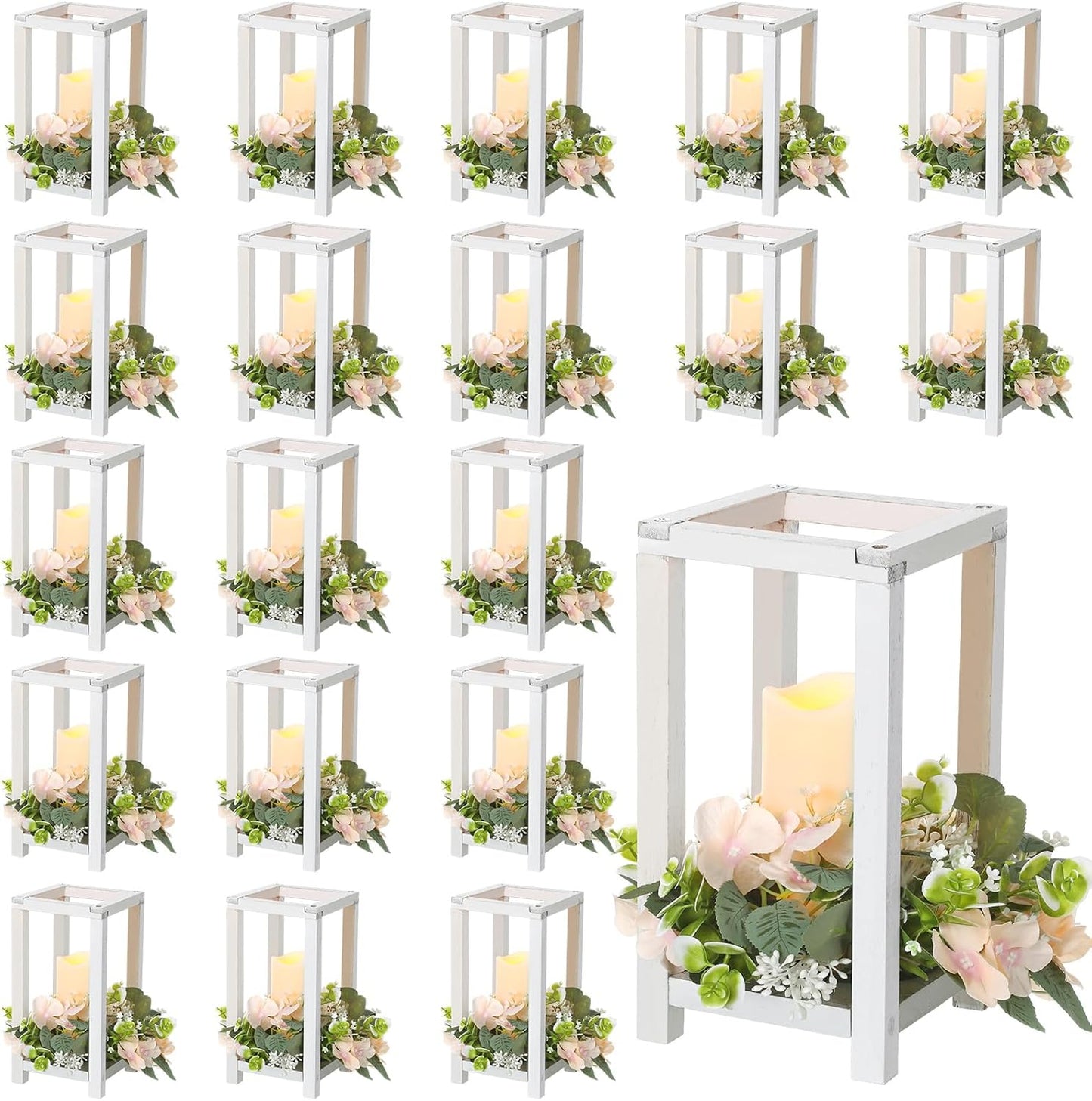 Hushee 30 Pcs Wooden Wedding Lantern Centerpiece Integrated Holders with Candles and Wreaths Rustic Wooden Candle Lantern Decor for Wedding Party Table Valentine Decor (Yellow)