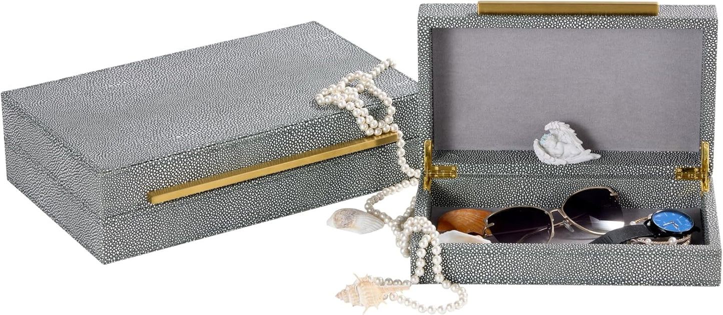 Sagala Set of 2 Ivory Shagreen Decorative Boxes With Brushed Gold Metal Handles, Faux Leather Jewelry Boxes Modern Storages Photo Memory Boxes Home Organizer Boxes (Ivory-Gold, 2pack)