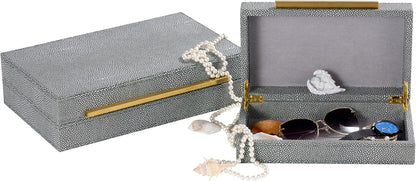 Sagala Set of 2 Ivory Shagreen Decorative Boxes With Brushed Gold Metal Handles, Faux Leather Jewelry Boxes Modern Storages Photo Memory Boxes Home Organizer Boxes (Ivory-Gold, 2pack)