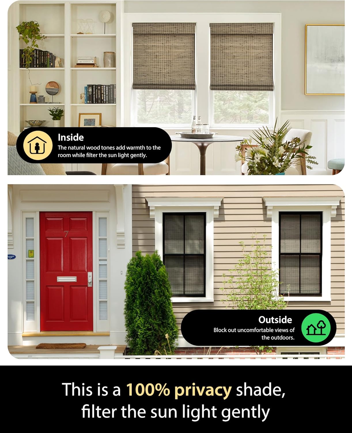 UNISHADES Cordless Bamboo Roman Shades for Windows, Blinds Size (26.5" W ×48" H) Colour (Highfield Teak)