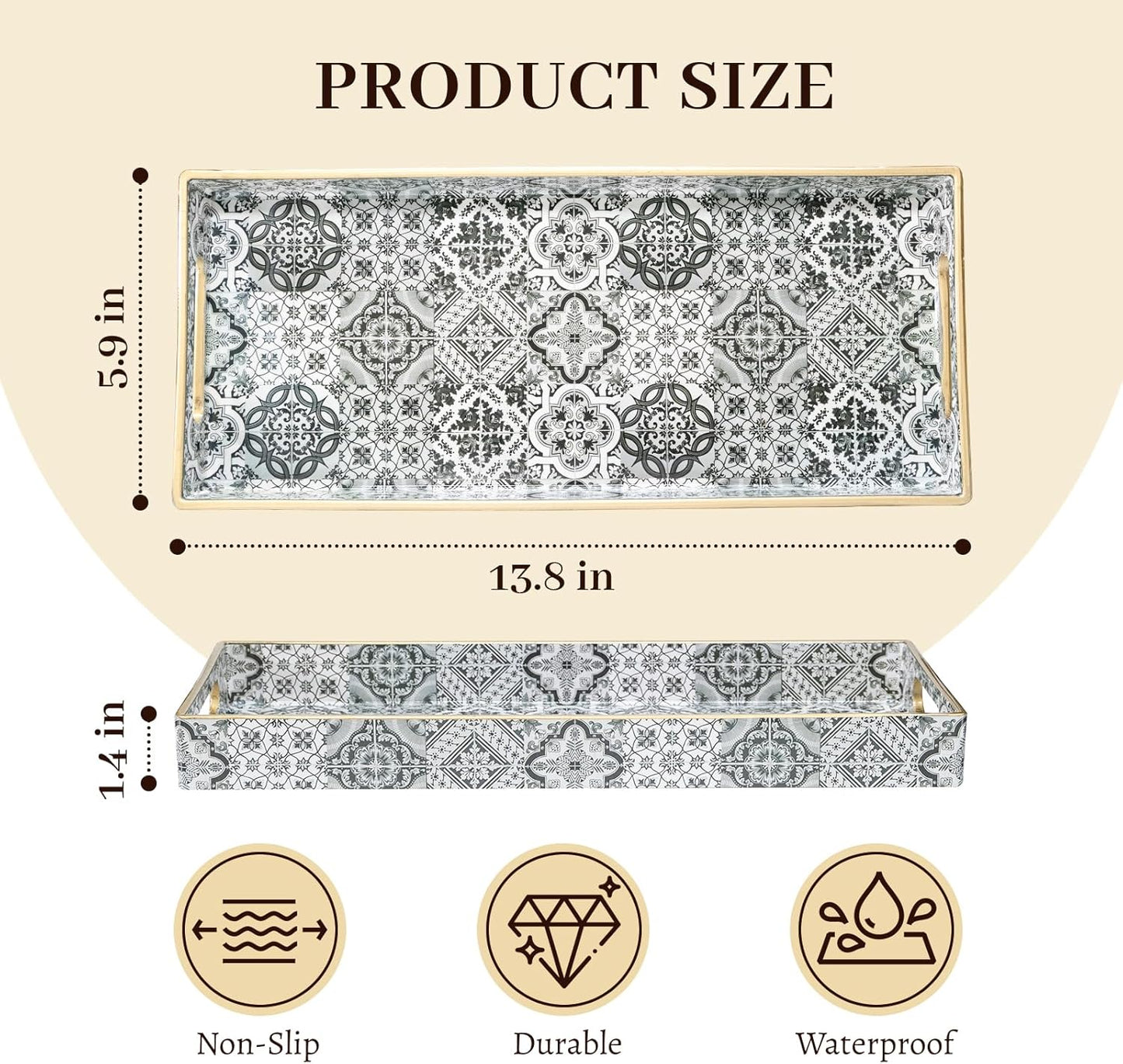 MAONAME White Decorative Tray, Plastic Serving Tray with Handles, Rectangular Moroccan Trays, Long Narrow Trays for Bathroom, Kitchen Counter, 13.8" X 6" X 1.57"