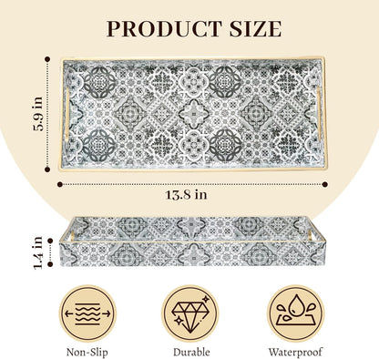 MAONAME White Decorative Tray, Plastic Serving Tray with Handles, Rectangular Moroccan Trays, Long Narrow Trays for Bathroom, Kitchen Counter, 13.8" X 6" X 1.57"