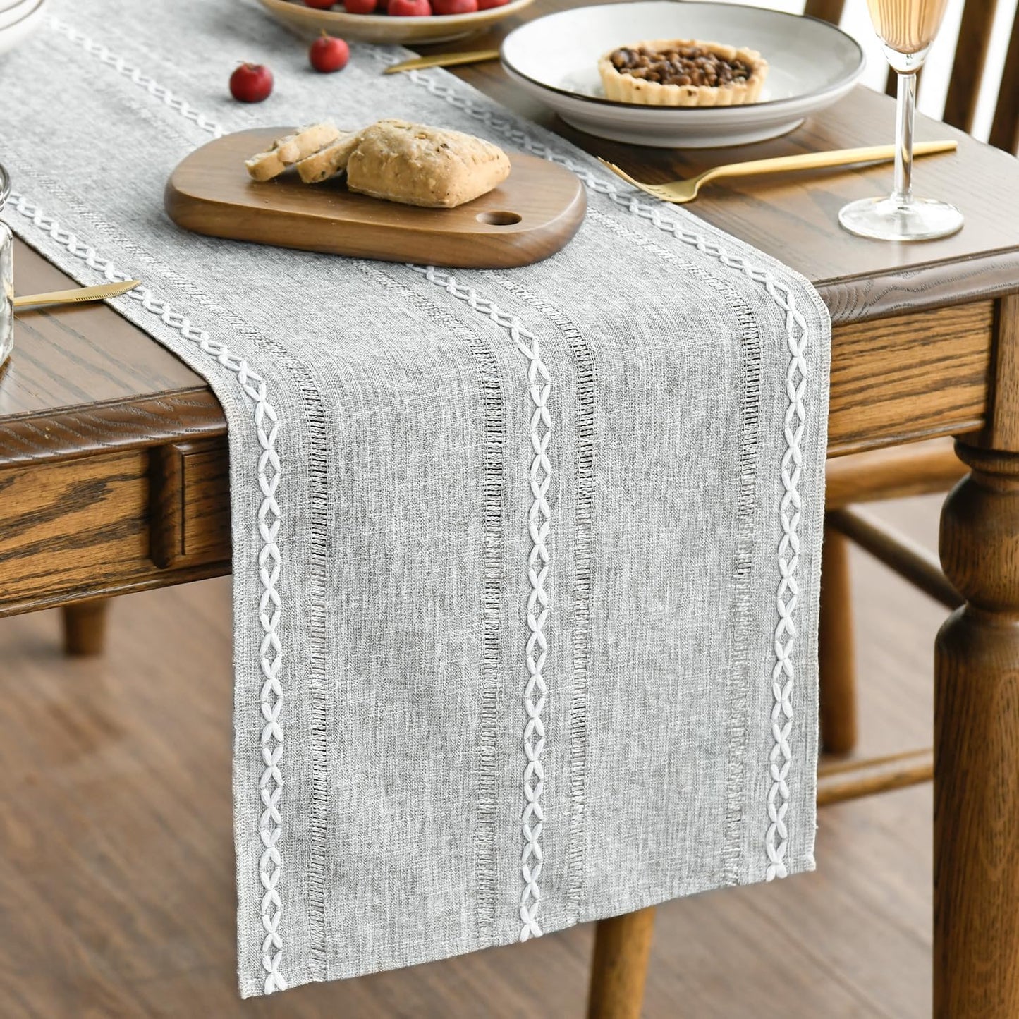 Artoid Mode Beige Rustic Cotton Linen Table Runner, Seasonal Embroidered Hollow Kitchen Dining Table Decoration for Home Party Decor 13x72 Inch