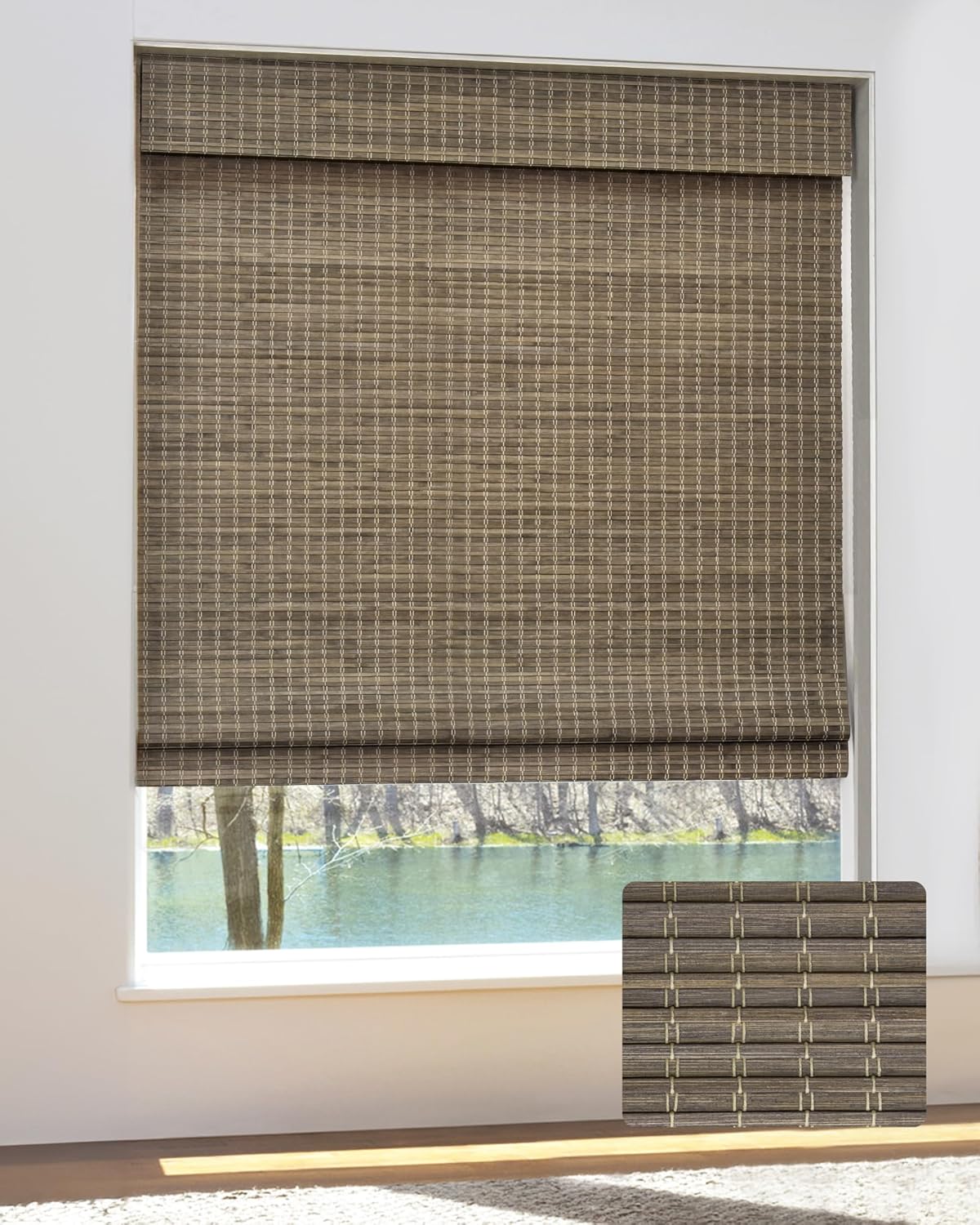 UNISHADES Cordless Bamboo Roman Shades for Windows, Blinds Size (30.5" W ×48" H) Colour (Highfield Teak)