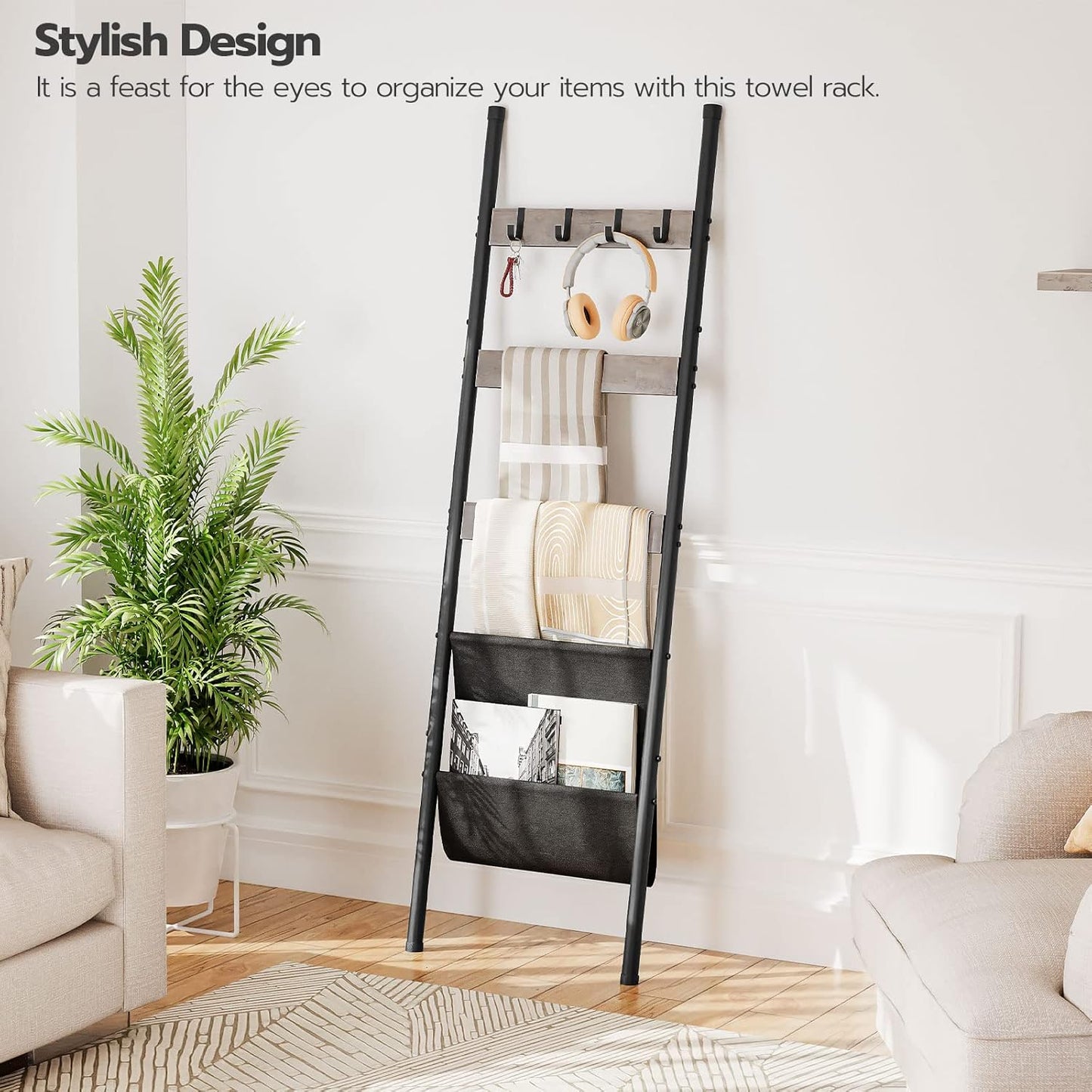 HOOBRO Blanket Ladder, 5 Tier Towel Rack, 17.3" L x 63" H, Wall-Leaning Blanket Rack for Living Room, Decorative Ladder with 4 Hooks and Magazine Pocket, Rustic Brown BF32CJ01