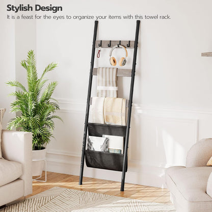 HOOBRO Blanket Ladder, 5 Tier Towel Rack, 17.3" L x 63" H, Wall-Leaning Blanket Rack for Living Room, Decorative Ladder with 4 Hooks and Magazine Pocket, Rustic Brown BF32CJ01