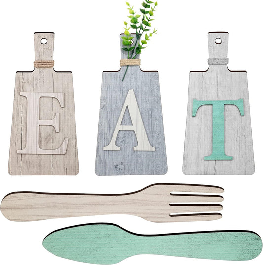 Jetec Cutting Board Eat Sign Set Hanging Art Kitchen Eat Sign Farmhouse Fork and Spoon Wall Decor Rustic Primitive Country Kitchen Decor for Home over Cabinet Decoration(White, Grey, Dark Brown)