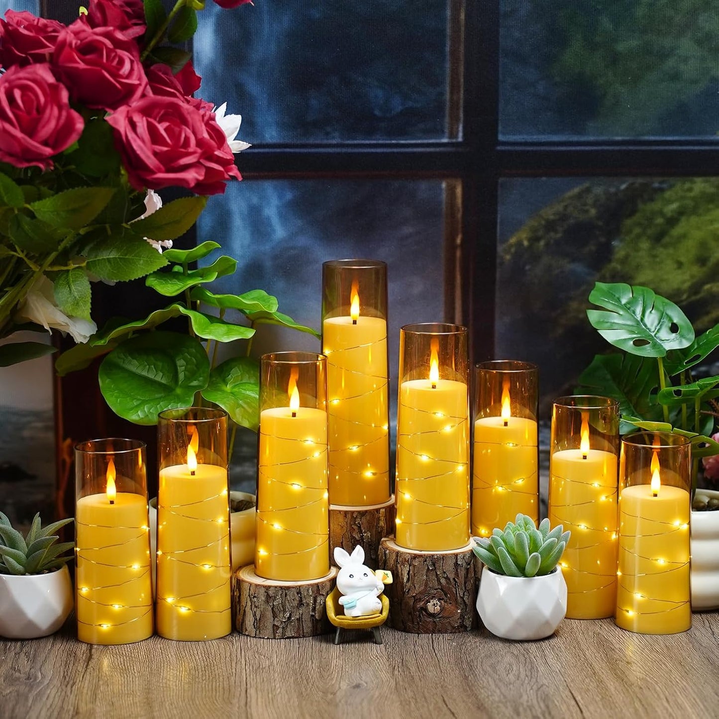 Nimiko Flickering Flameless LED Candles, 9 Pcs with Embedded Star String, Acrylic LED Pillar Candles with Remote, Suitable for Home Decoration (White)