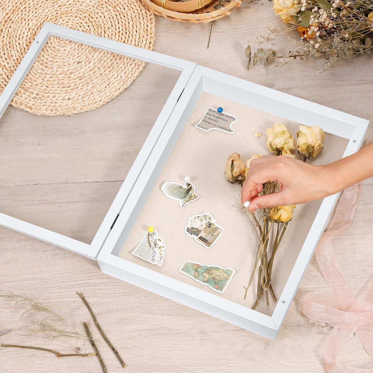 Califortree 8x10 Shadow Box Frame with Linen Back - Sturdy Rustic Memory Display Case of Flower, Pictures, Medals and More, White