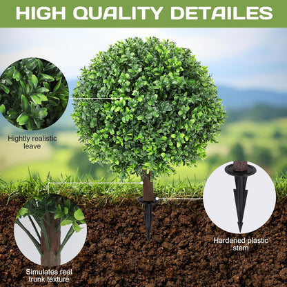 Artificial Red Eucalyptus Topiary Ball Tree 24" with Ground Spike, Set of 2 Artificial Boxwood Bushes for Faux Shrubs, Fake Evergreen Faux Plant for Indoor Outdoor Garden -UV Resistant–Fade-Proof