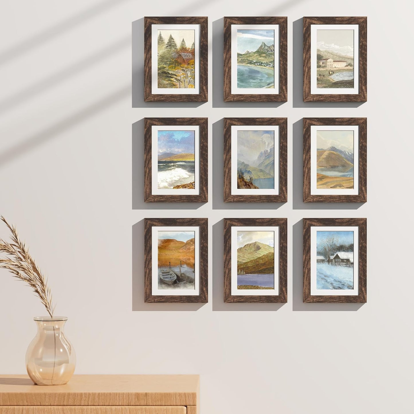 Vittanly 8x10 Picture Frames Set of 9, Shatter Resistant Plexiglass, Display 5x7 Pictures with Mat or 8x10 without Mat, Photo Frames for Wall or Tabletop, Engineered Wood, Black - Colors A
